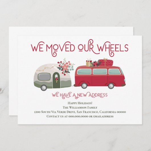 可愛いレッドバントレーラー引っ越しました新しいアドレス 案内状 (正面/裏面)
