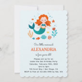 可愛いレッドヘッドマーメイドキッズガールバースデーパーティー 招待状 (正面)