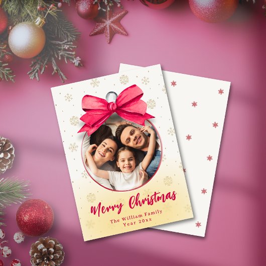 可愛いレッドボウ写真オーナメントクリスマスファミリー名 シーズンカード