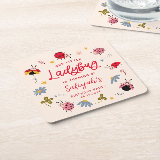 可愛いレディバグ誕生日パーティー スクエアペーパーコースター (アングル)