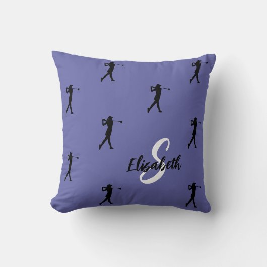 可愛いレディーゴルファーのシルエットモノグラムのペリウィンクル クッション (正面)