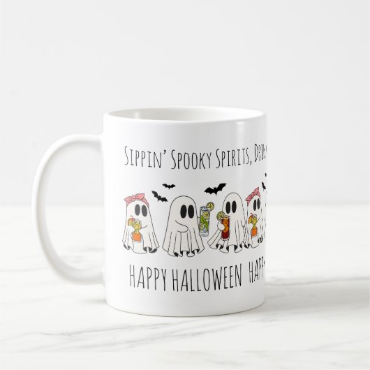 可愛いレトロおもしろい引用文こうもりハッピーハローウィン幽霊 コーヒーマグカップ (左)