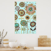 可愛いレトロなブルーの茶色の花の柄のカスタム ポスター (キッチン)