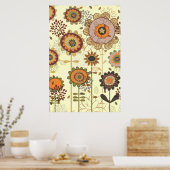 可愛いレトロオレンジ、茶色の花の柄のカスタム ポスター (キッチン)
