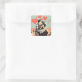 可愛いレトロカップルキスをするアポップ・アートのートハート スクエアシール (バッグ)