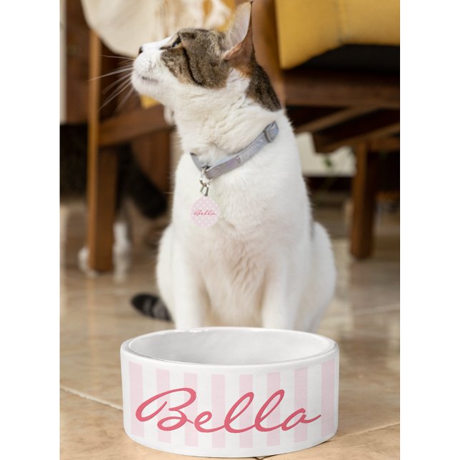 可愛いレトロストライプピンクの子猫猫ペットネームフード ボウル (Cute Retro Pink Stripes Cat Kitty Pet Name Food Bowl)