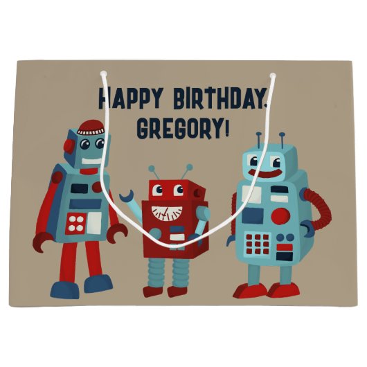 可愛いレトロパーソナライズされたロボットSci-Fi ラージペーパーバッグ (正面)