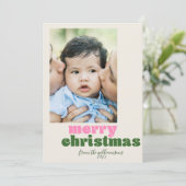 可愛いレトロピンクカスタムグリーン写真メリークリスマス シーズンカード (スタンド正面)