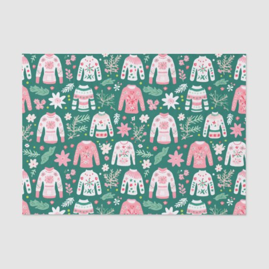 可愛いレトロピンク&グリーン醜いクリスマスセーター 薄葉紙 (正面)