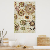 可愛いレトロブラウン、ベージュのフローラルパターカスタムン ポスター (キッチン)