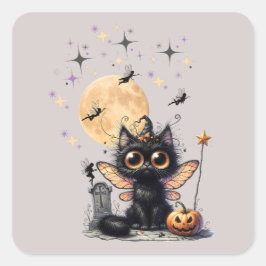 可愛いレトロブラック広目フェアリー子猫ハロウィーン スクエアシール
