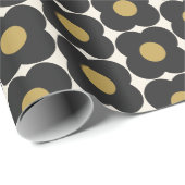 可愛いレトロポップ・アートの花柄 |ブラックと金ゴールド ラッピングペーパー (ロールコーナー)