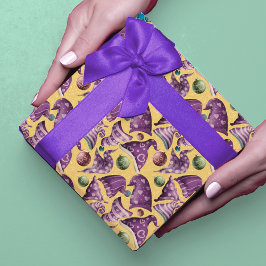 可愛いレトロヴィンテージ紫色の黄色い格言ハットパターン ラッピングペーパー