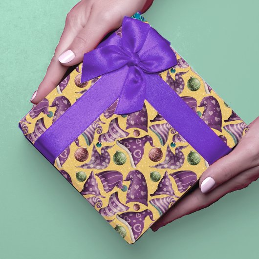 可愛いレトロヴィンテージ紫色の黄色い格言ハットパターン ラッピングペーパー