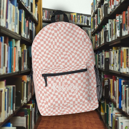可愛いレトロ波形チェックピンクモノグラム名 プリントバックパック