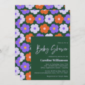 可愛いレトロ花柄パープルグリーン赤ちゃんシャワー 招待状 (正面/裏面)