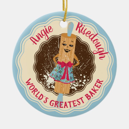可愛いレトロ転がのピンガール世界最高のパン屋さん セラミックオーナメント (正面)