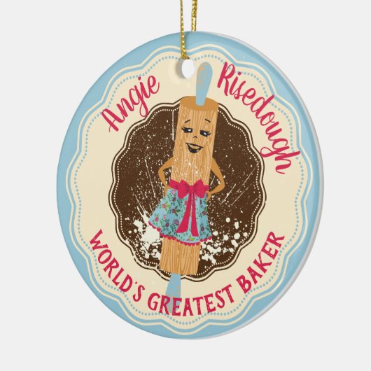 可愛いレトロ転がのピンガール世界最高のパン屋さん セラミックオーナメント (左)