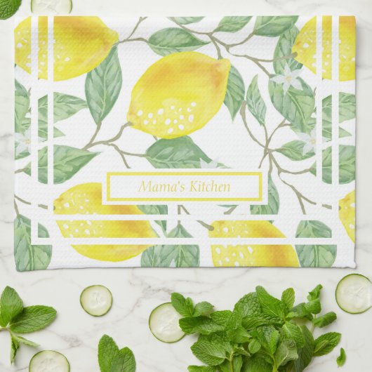 可愛いレモン葉とイエローとグリーンカスタム キッチンタオル (折り畳み)