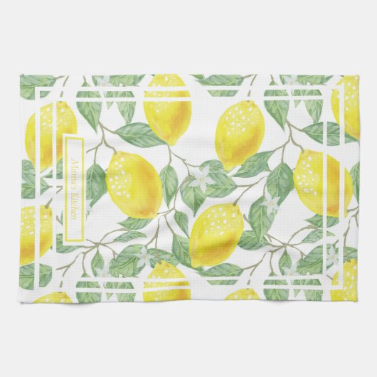 可愛いレモン葉とイエローとグリーンカスタム キッチンタオル (横)