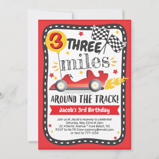 可愛いレースカードレーストラックキッズボーイバースデーパーティー 招待状 (正面)