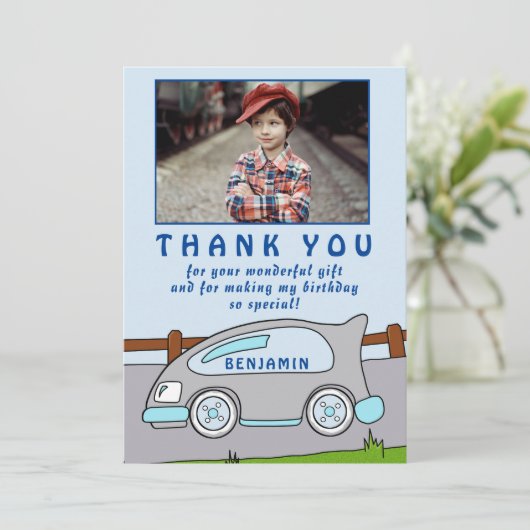 可愛いレースカーブルー誕生日ありがとう写真 サンキューカード (スタンド正面)