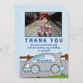 可愛いレースカーブルー誕生日ありがとう写真 サンキューカード (正面/裏面)