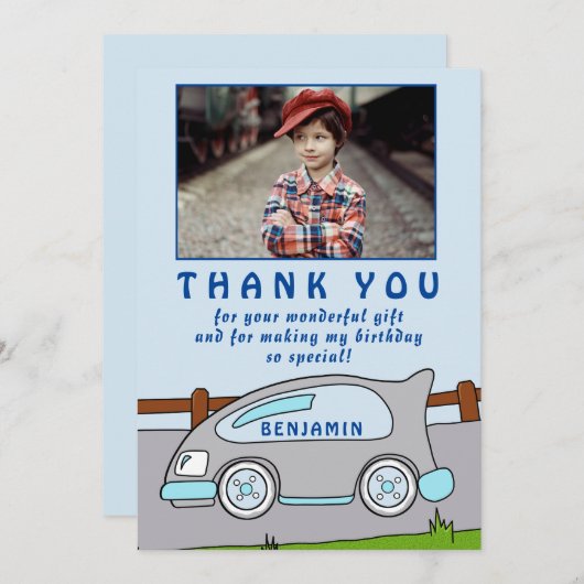 可愛いレースカーブルー誕生日ありがとう写真 サンキューカード (正面/裏面)