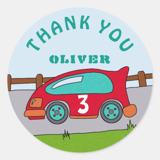 可愛いレースカーレッドボーイネーム年齢誕生日ありがとう ラウンドシール (正面)