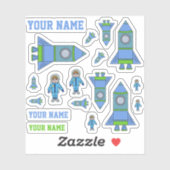 可愛いロケット宇宙飛行士ブルーグリーンスケッチキッズスティック シール (シート)