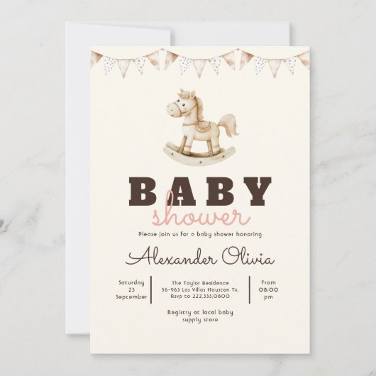 可愛いロッキングホースぼほ赤ちゃんシャワー 招待状 (正面)