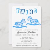 可愛いロッキングホース青い男の子双子ベビーシャワー 招待状 (正面)