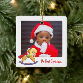 可愛いロッキングホース2写真クリスマス1回目のベビー セラミックオーナメント