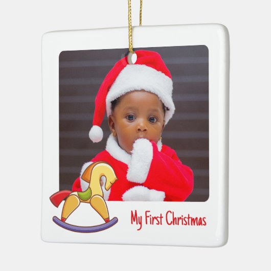 可愛いロッキングホース2写真クリスマス1回目のベビー セラミックオーナメント (左)