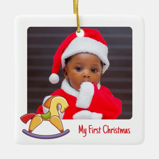 可愛いロッキングホース2写真クリスマス1回目のベビー セラミックオーナメント (正面)