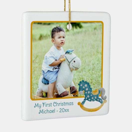 可愛いロッキングホース2写真クリスマス1回目のベビー セラミックオーナメント (右)