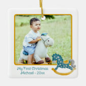 可愛いロッキングホース2写真クリスマス1回目のベビー セラミックオーナメント (正面)