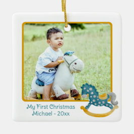 可愛いロッキングホース2写真クリスマス1回目のベビー セラミックオーナメント