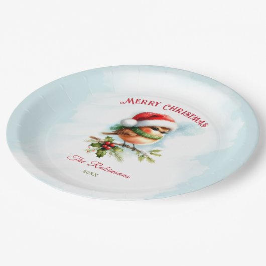 可愛いロビンインサンタハットクラシッククリスマスブルーレッドクリスマス ペーパープレート (アングル)