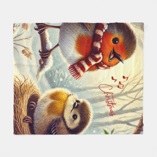 可愛いロビンス凍ってい、クリスマス フリースブランケット (正面(横))