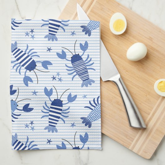 可愛いロブスターをライトブルーとホワイトストライプ キッチンタオル (四つ折り)