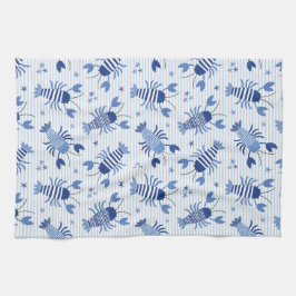 可愛いロブスターをライトブルーとホワイトストライプ キッチンタオル