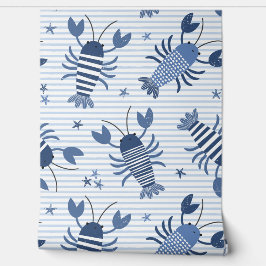 可愛いロブスターをライトブルーとホワイトストライプ 壁紙