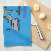 可愛いロボット三色漫画の青い背景 キッチンタオル (四つ折り)