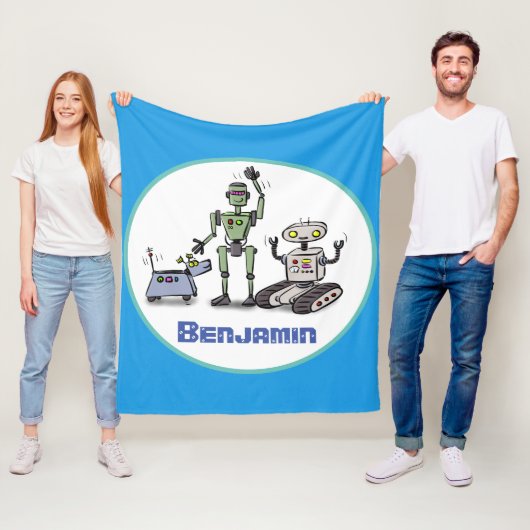 可愛いロボット三色漫画の青い背景 フリースブランケット (インサイチュ)