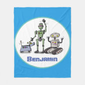 可愛いロボット三色漫画の青い背景 フリースブランケット (正面)