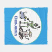 可愛いロボット三色漫画の青い背景 フリースブランケット (正面(横))