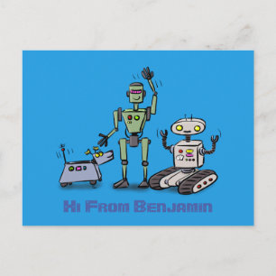可愛いロボット三色漫画の青い背景 ポストカード