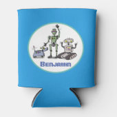 可愛いロボット三色漫画の青い背景 缶クーラー (正面)