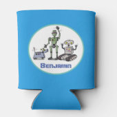 可愛いロボット三色漫画の青い背景 缶クーラー (裏面)